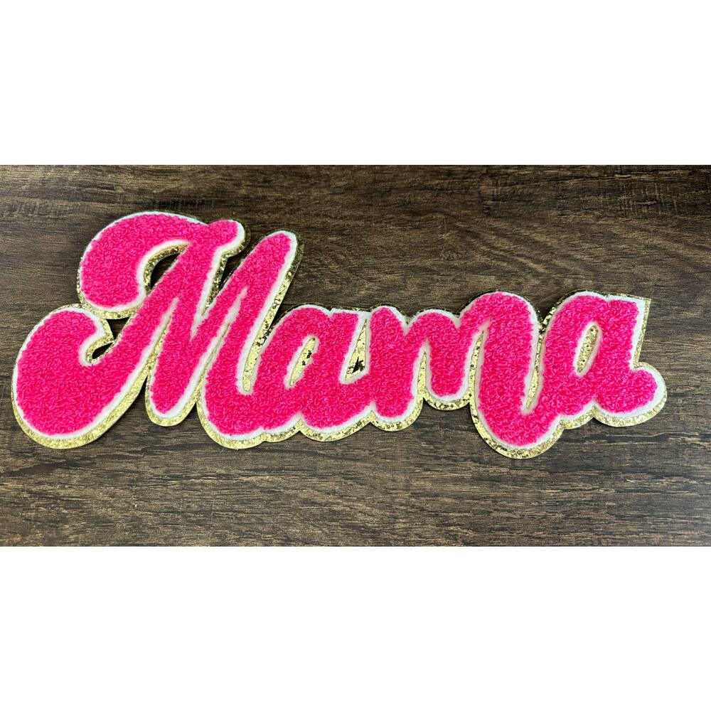 Mama Chenille Iron on Patch- Pink/Gold